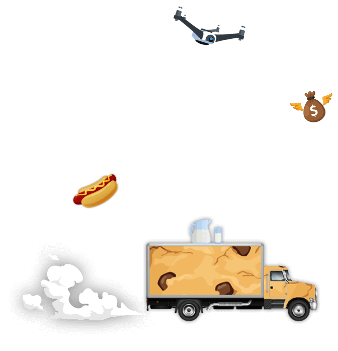 Super Truck Life semi truck with collectables floating in the air.